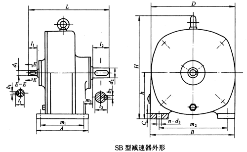 SB系列雙擺線針輪減速機外形及安裝尺寸、針齒中心圓直徑及傳動比